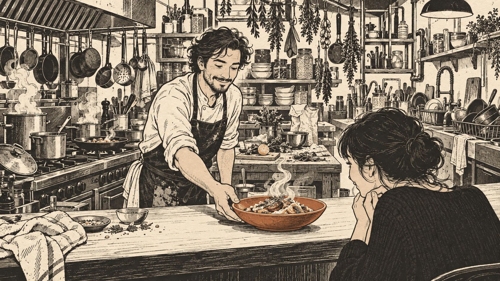 Pen-and-ink kitchen scene of a cook handing a steaming bowl across the counter.
